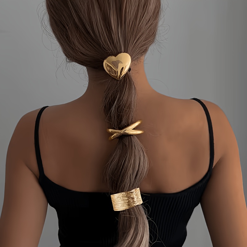 TEMU 3pcs Set Of Golden Alloy Hair Ties, Simple Irregular Curved Design Hair Ropes, Heart-cross Style Hair Accessories, Rose Golden Multi-functional