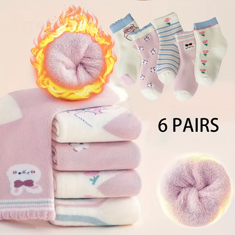 

6pcs Girls' Cozy Cartoon & Striped Crew Socks - , Warm Mid-calf Length With Soft Terry Fabric