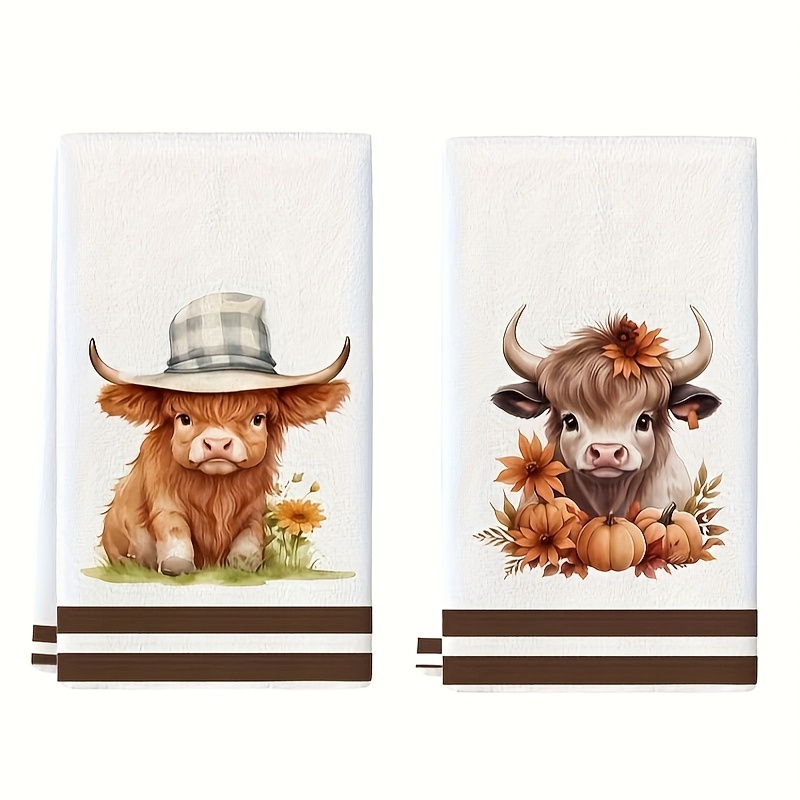 TEMU 2pcs, Kitchen Towels, Cute Highland Cow, Microfiber Printed Towels, Cooking And Baking Tea Towels, Dishwashing Cloths, Hand Towels, Tea Towels,