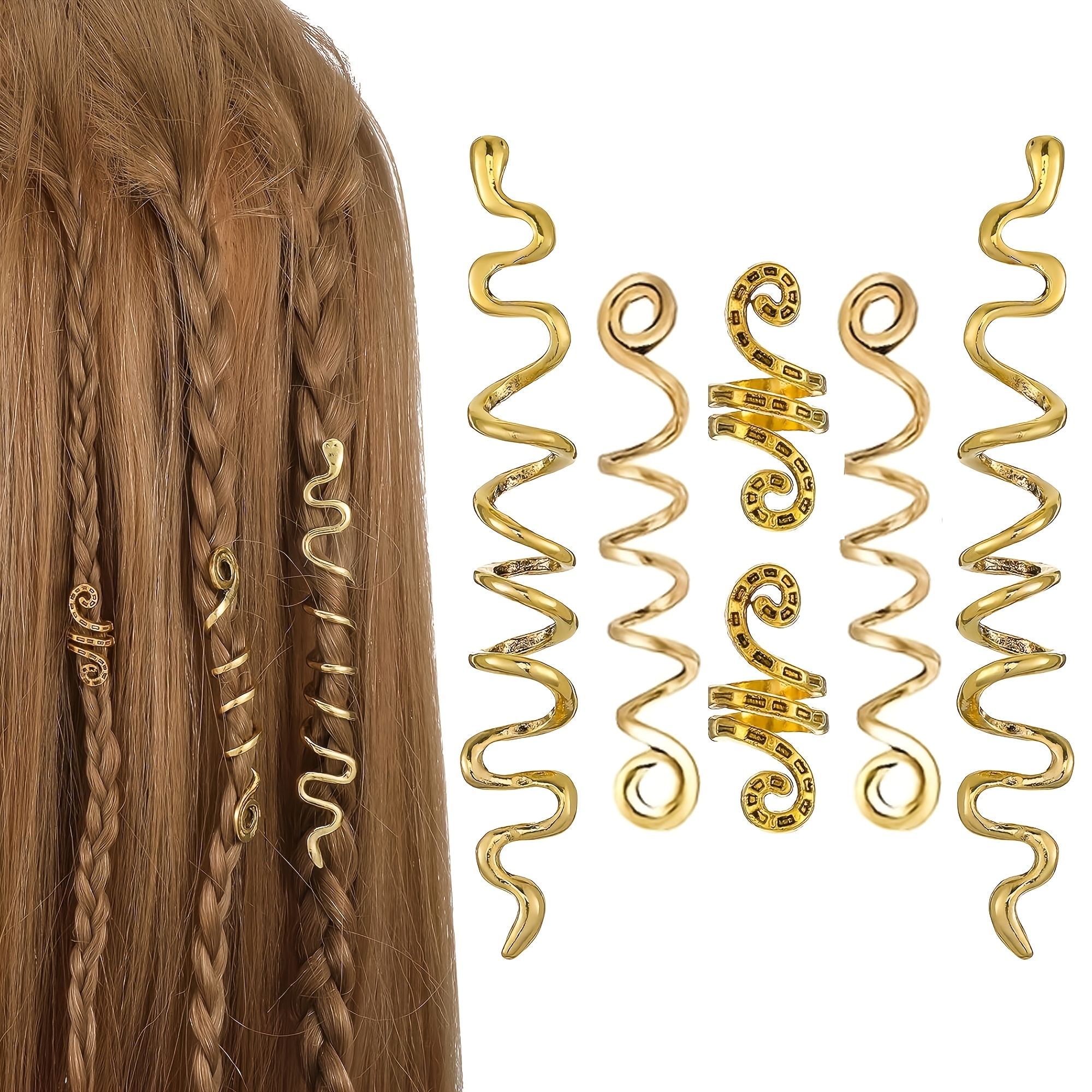 TEMU 6pcs Golden Snake Hair Jewelry For Women, Spiral Beads Rings Charm Accessories For Braids, Dreadlocks For Halloween Hair Decoration
