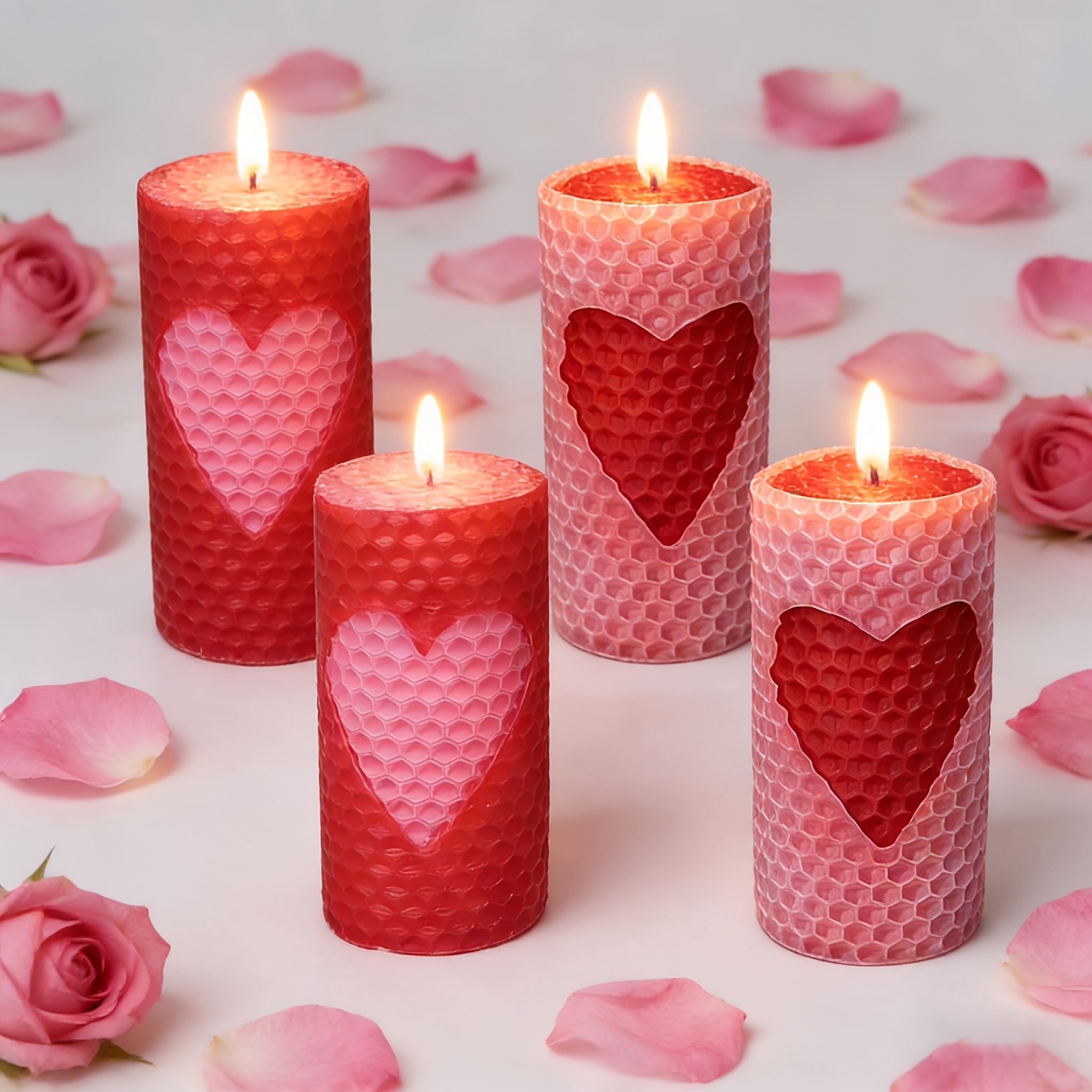 Image of 4pcs Beeswax Candle Set Gift Box | Pink Red Heart And Red Pink Heart, Suitable For Valentine's Day Candlelight Dinner, Gifts, And Gifts To Girlfriends, Long , Honey Scented