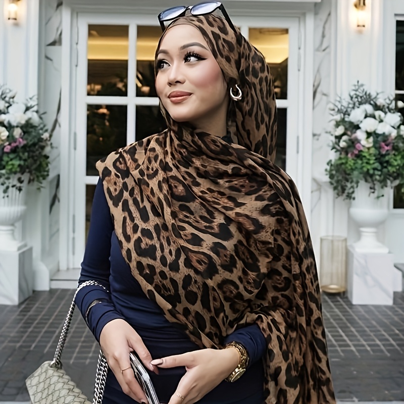 TEMU 1pc Balinese Gauze Leopard Print Shawl Scarf, Women's Vacation Accessory, Bohemian Style Large Beach Sunshade Scarf, Photography Flowing Prop,