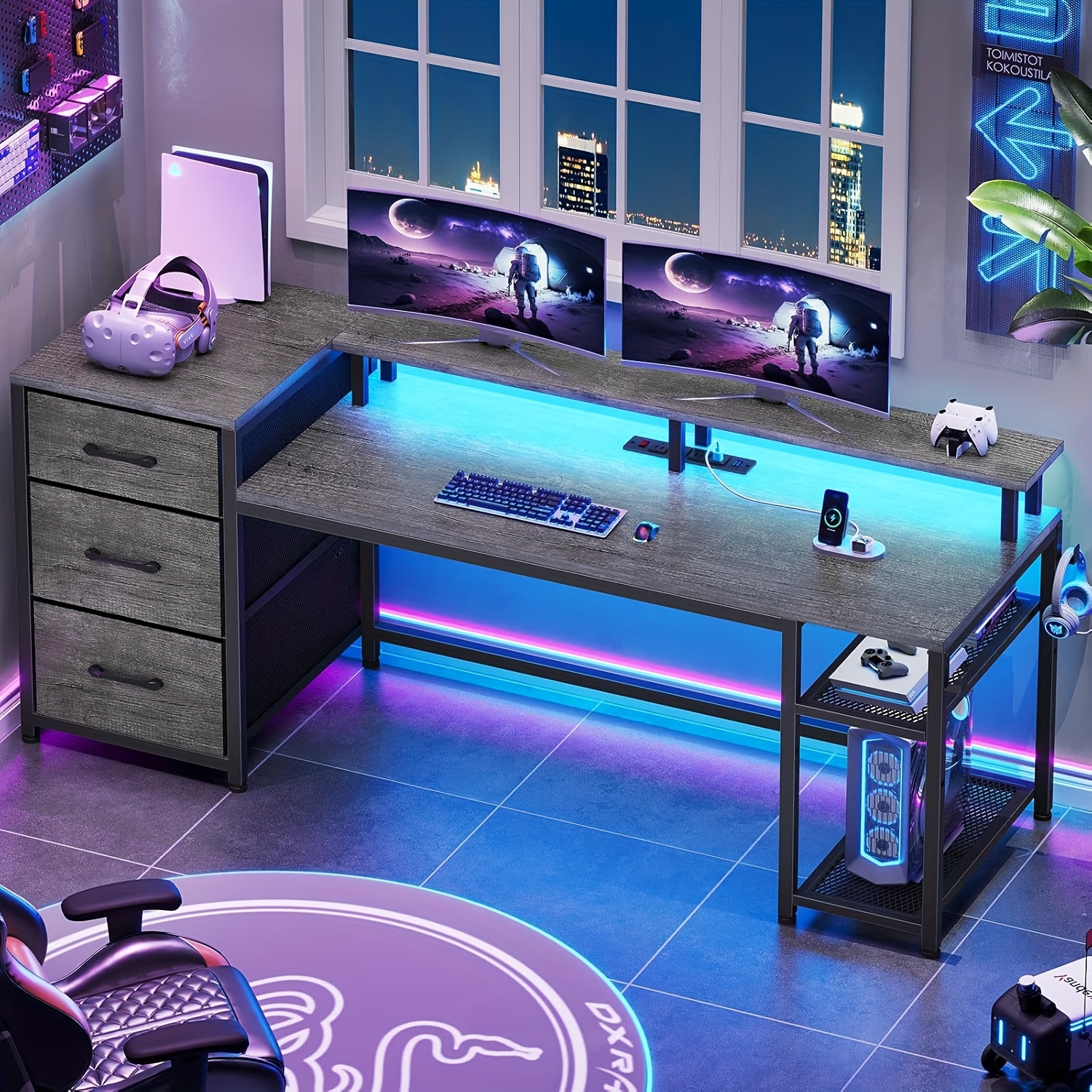 SUPERJARE L Shaped Desk With Power Outlets & LED Lights, Reversible Computer Des