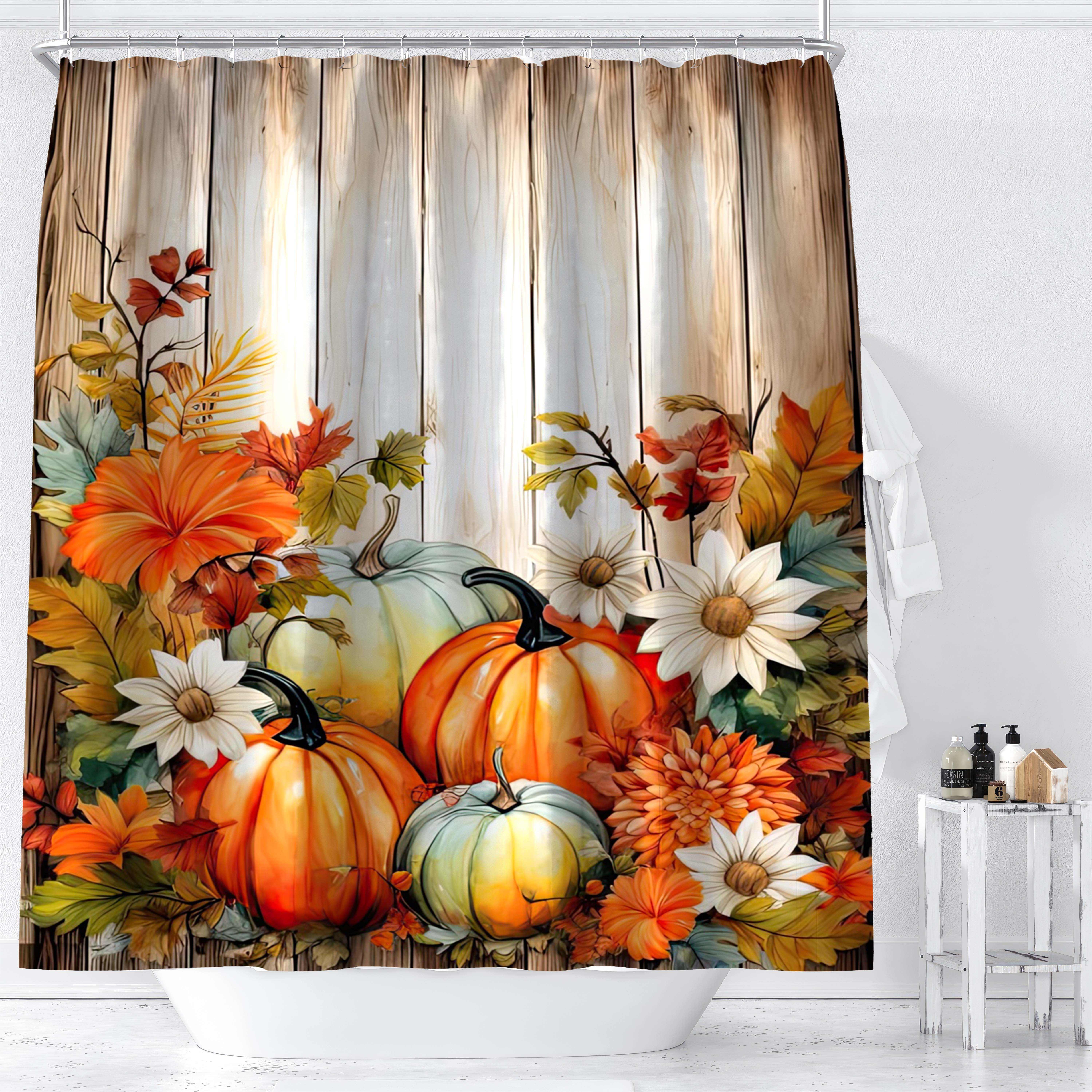 

1pc, Pumpkin Floral Foliage Wooden Board Digital Print Shower Curtain, Autumn Harvest Bath Decor, Water-repellent Bathroom Accessory, Fall Season Home Decoration
