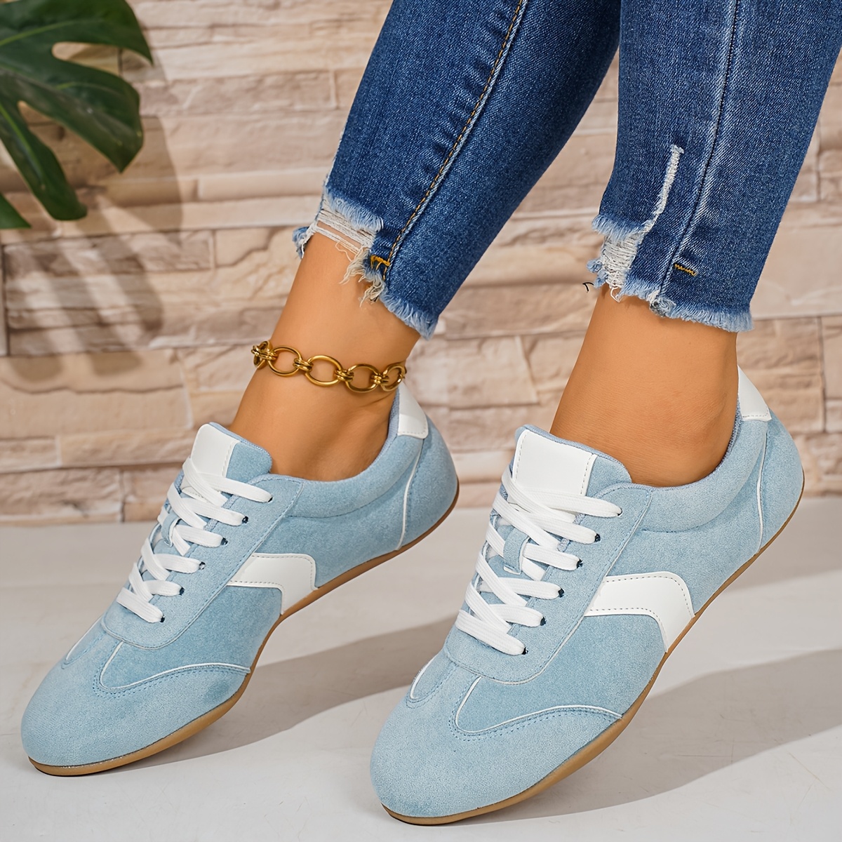 TEMU Zapatillas de moda para mujer en dos azul y beige, , con cordones, y cómodas para caminar, calzado para mujer, zapatillas