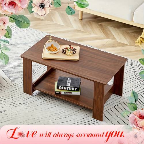 farmhouse wood coffee table boho tea table with storage shelf rectangle center table wood look accent table 2 tier sofa side table modern rectangular coffee table living room furniture rustic table furniture for room