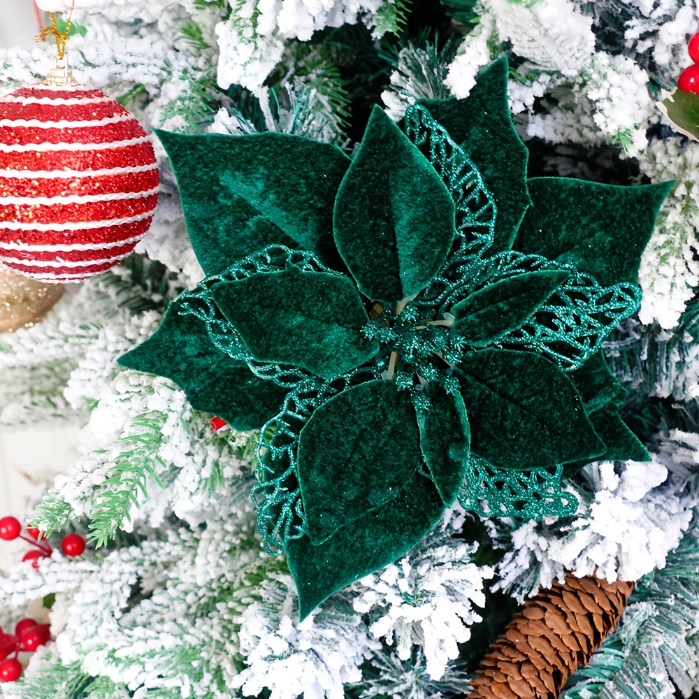 TEMU 6pcs High-end Velvet Christmas Flowers With Golden Glitter, 22cm/8.66inch Christmas Tree Wreath Rattan Decorations, Artificial Flower Ornaments
