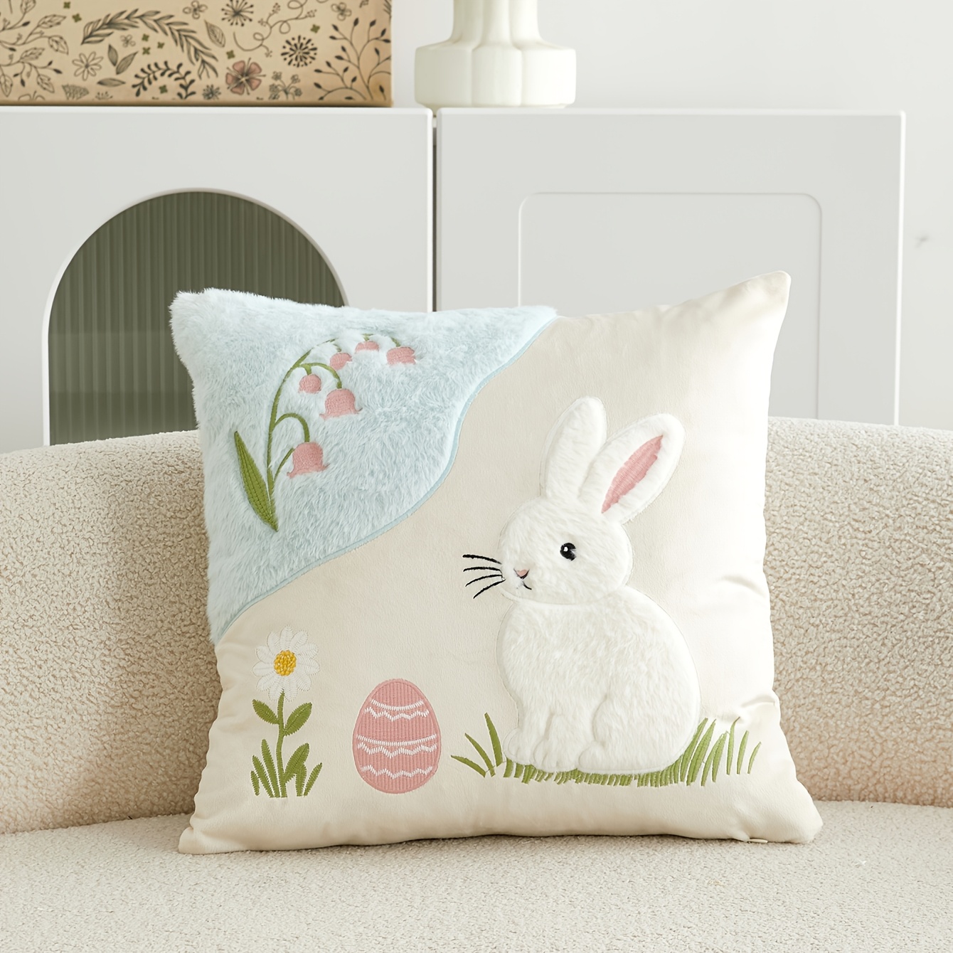 1pc Easter Embroidered Decorative Pillow Cover With And Rabbit Pattern, Appliqué Three-dimensional Design, Suitable For Home Decor, Living Room Sofa Decorative Pillowcase