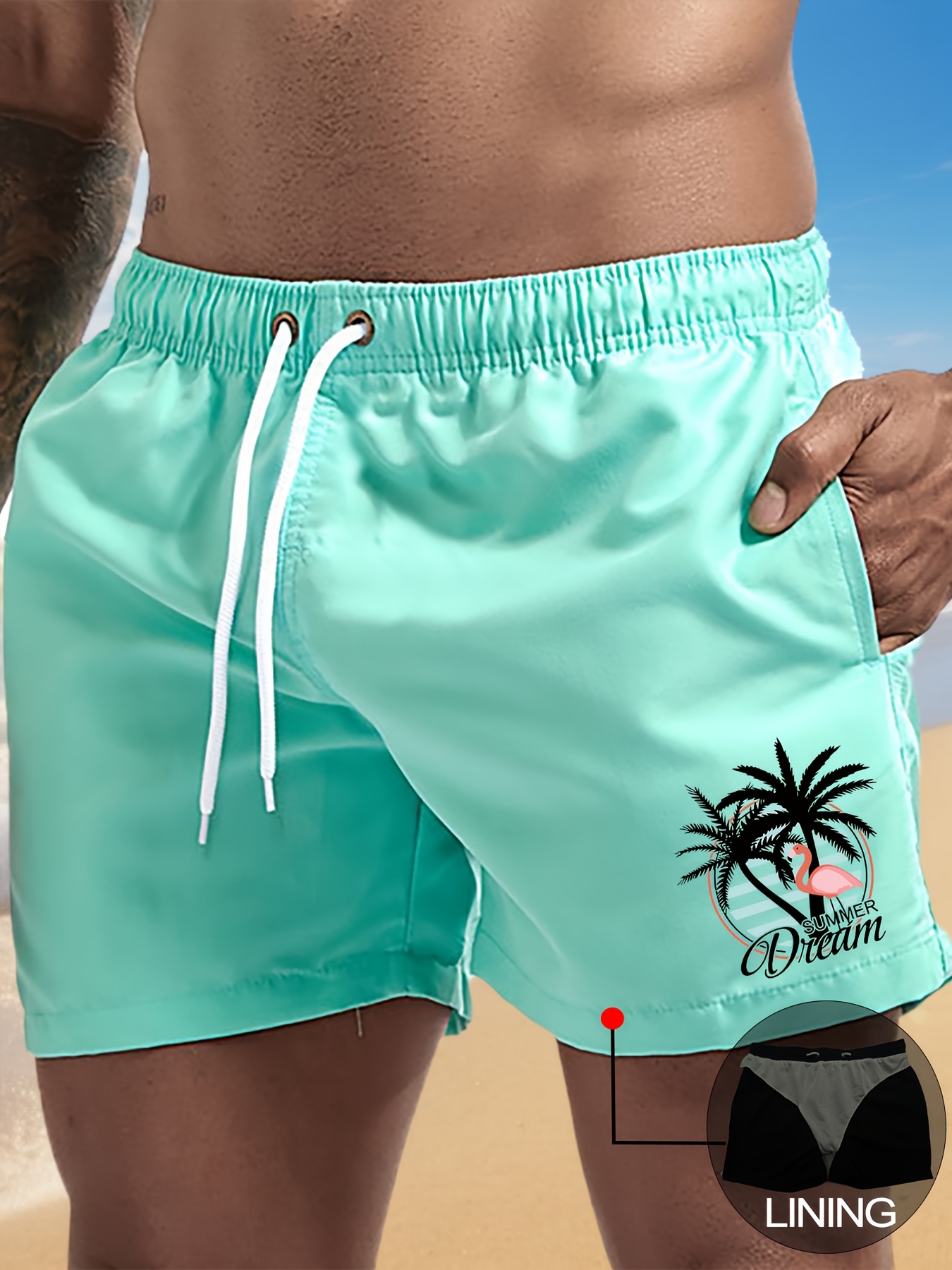 mens flamingo print swimming trunks swimming shorts elastic drawstring waistband lightweight beach shorts suitable for surfing   vacation with inner mesh non sticky quick drying fabric sporty style  