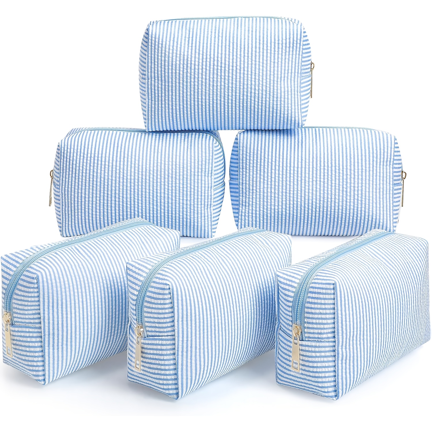 TEMU 6pcs Daeidl Bulk Light Blue Seersucker Makeup Bags Suitable For Wedding Bridesmaid Favors, Large Zippered Preppy Toiletry Pouches With Stripe,