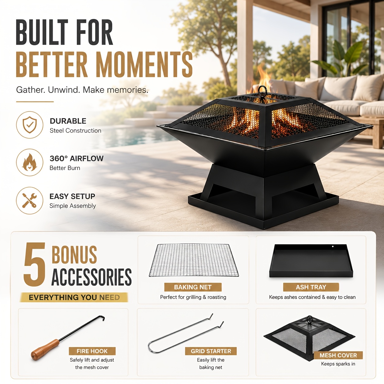 TEMU Portable Wood-burning Outdoor Fire Pit With Removable Bbq Grill Grate, Spark Screen And Fire Poker. Ideal For Backyard Barbecues, Camping, Patio
