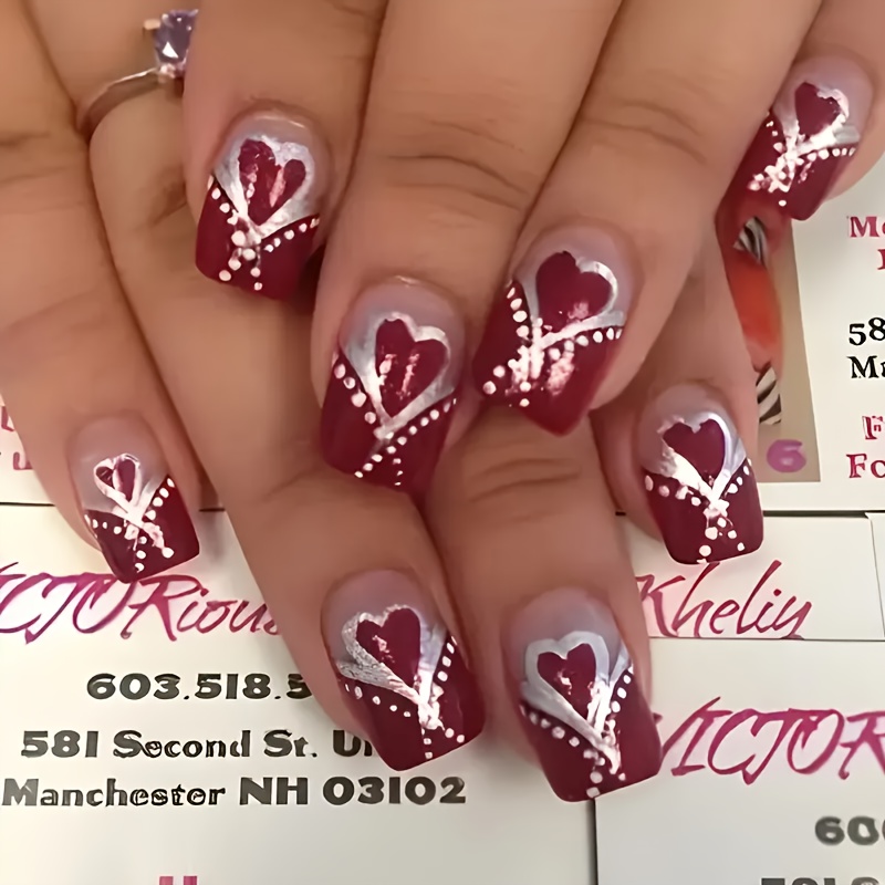 Image of 24pcs Short Square Nail Stickers For Celebrities, European And Romantic Starry Theme, Red Fake Nails With Jelly Glue, Includes 1 Nail File