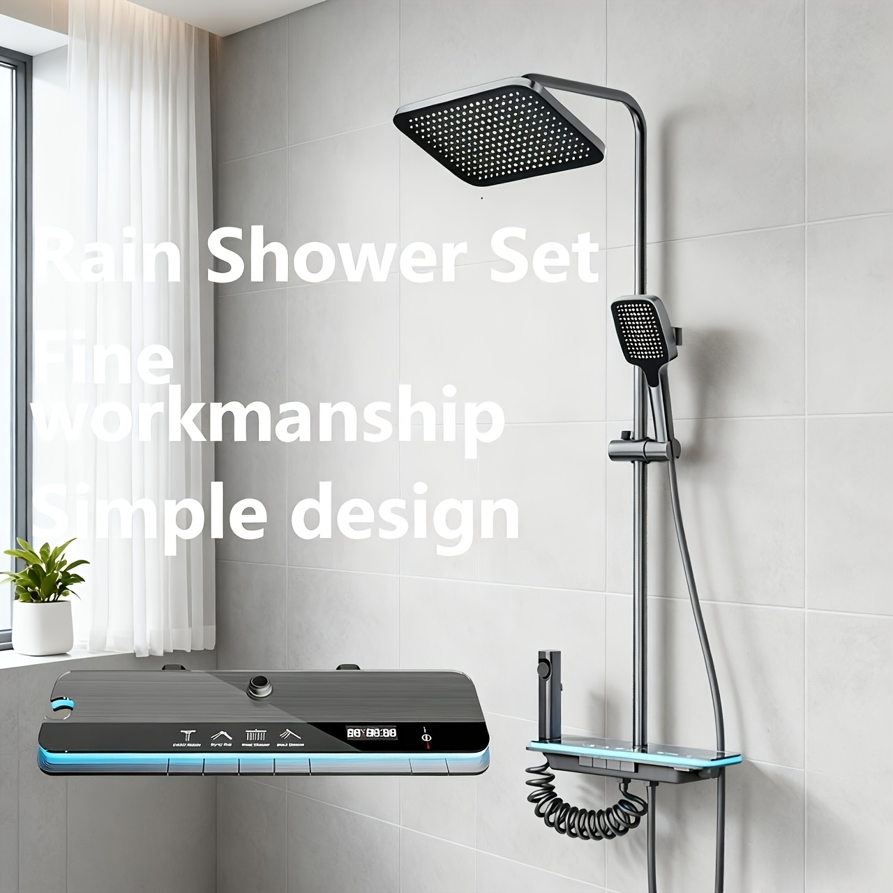 TEMU Ensemble de douche à pluie de luxe noir avec ambiant et écran numérique de température en , grand étagère de rangement murale, de sortie à 4