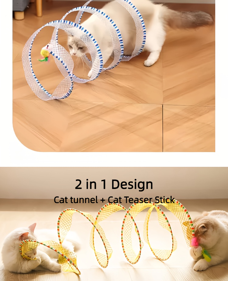 Deux tunnels pour chats en forme de ressort, pliables pour le divertissement et le jeu, tunnel spirale de chasse, équipés de jouets en plume et de souris, adaptés aux chatons, jouets d'intérieur pour chats.