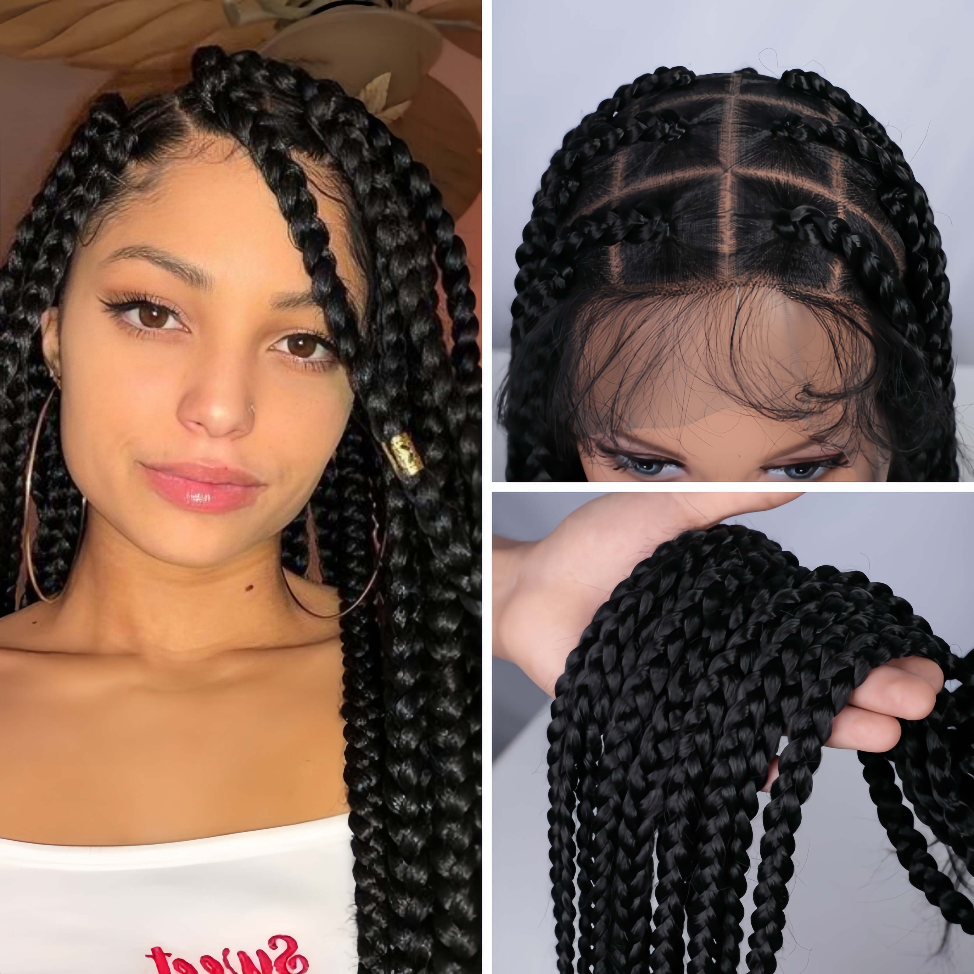 TEMU 36 Inch Full Lace Wig With Large Square Knotless Box Braids For Women, Double Lace Braided Wig, Thick Handmade Cornrow Wig