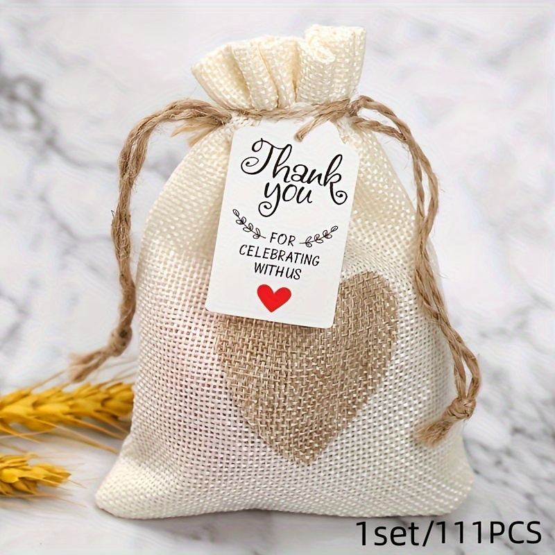 

111pcs Burlap Drawstring Bags With Thank You Kraft Paper Tags And Hemp Rope For Gift Packaging And Celebrations