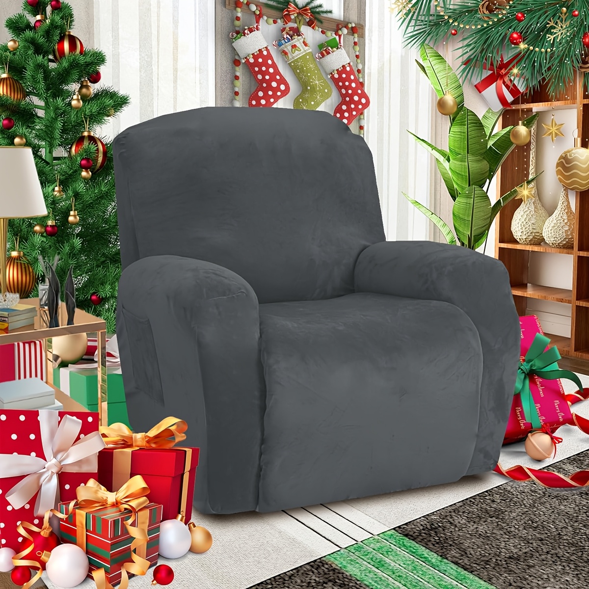 Lot de 4 housses de chaise inclinables extensibles en velours et élasthanne doux avec protection élastique en bas pour fauteuil inclinable, gris clair, 1 place