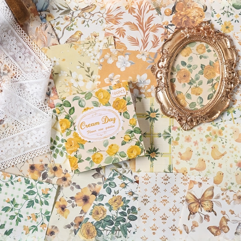E-shop 100-teiliges Papier-Set mit Vintage-Blumenmuster, Blumen-Ästhetik Bastelpapier für Raumdeko, Vintage DIY -Papier für Tagebuch, Fotoalbum,