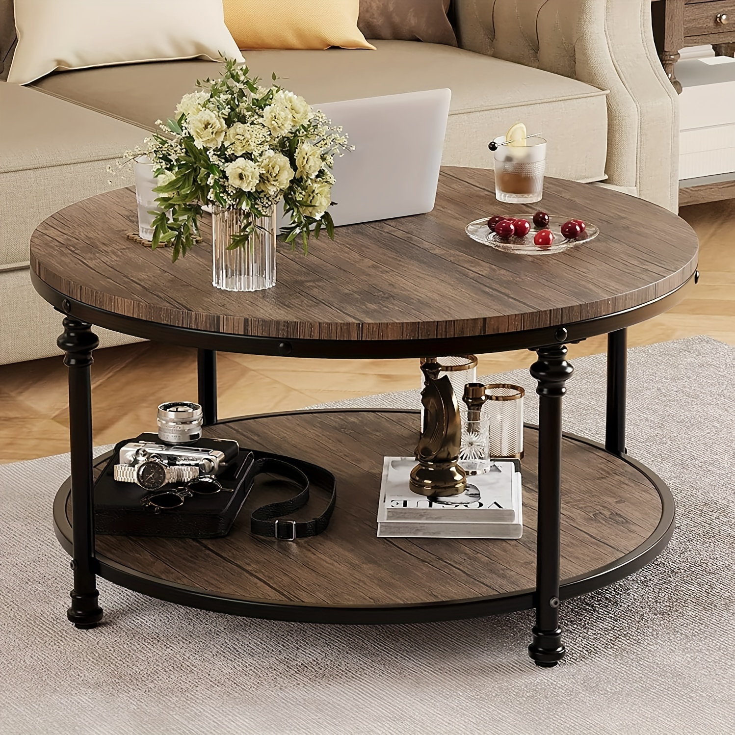 

Round Coffee Table Rustic Center Table With Storage Shelf 2-tier Industrial Accent Center Table Wood Circle Coffee Table With Sturdy Metal Legs, Easy Assembly