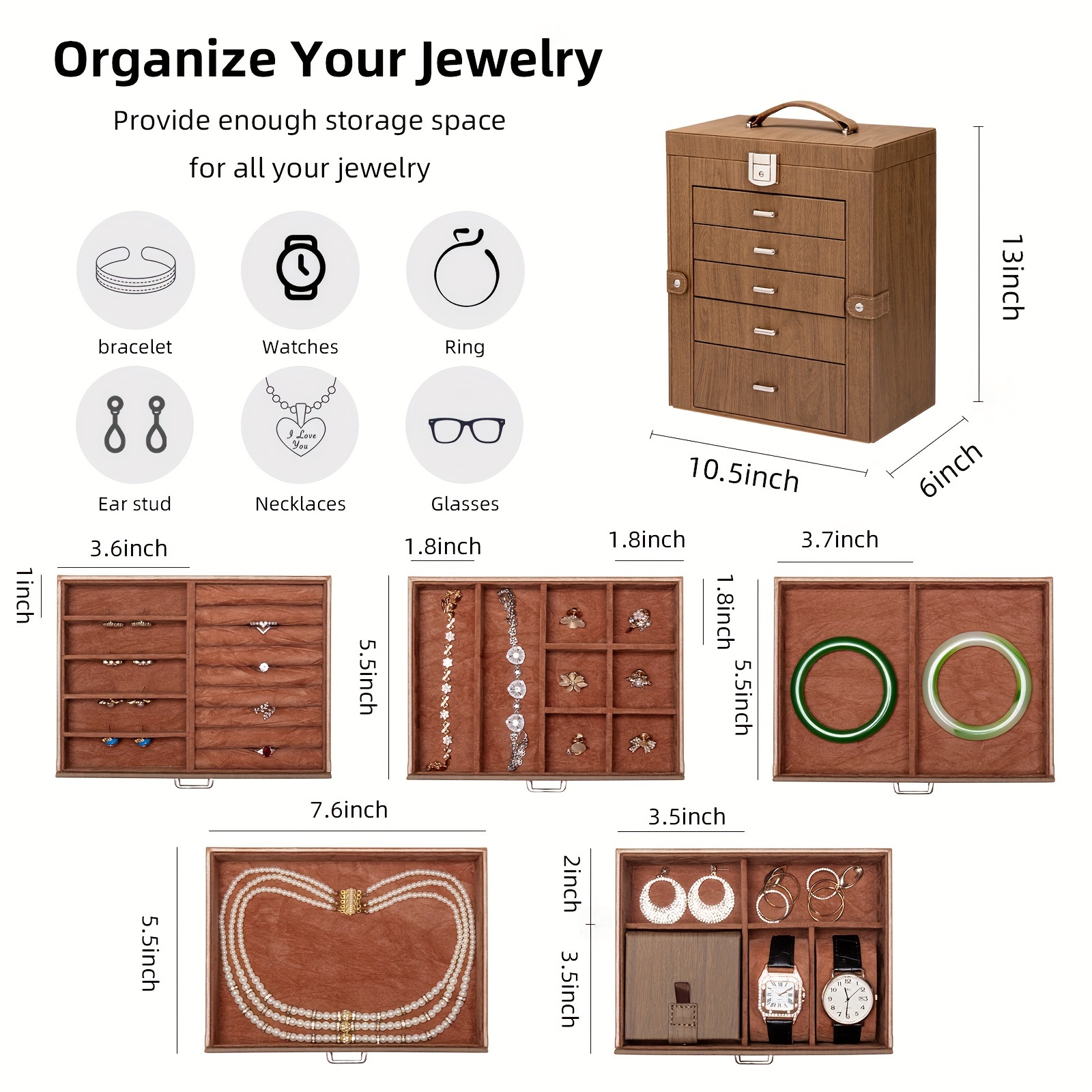   6 tier jewelry box jewelry case with 5 drawers large storage capacity with   lockable jewelry storage organizer gift for     Product details 6