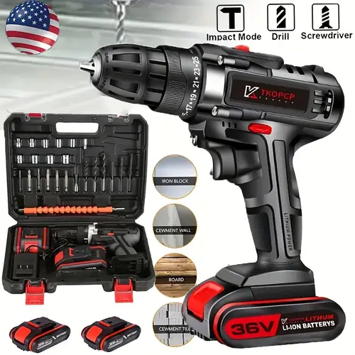 36v rechargeable multifunctional cordless drill with 2 batteries and fast charger 25 1 torque setting 1 2 keyless 2 variable built in led lights suitable for home outdoor and yard use and maintenance
