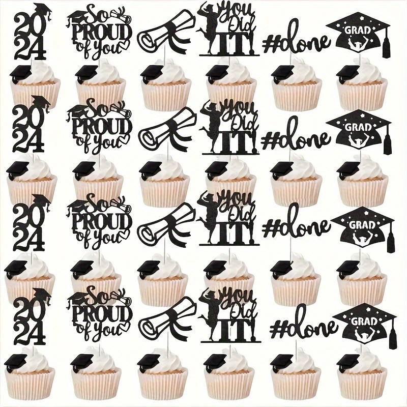 

24 Pack Graduation Cupcake Toppers - Paper Cake Decorations For Graduation Party Supplies - No Electricity Required - Featherless - Celebratory Cake Accessories For Graduation Day