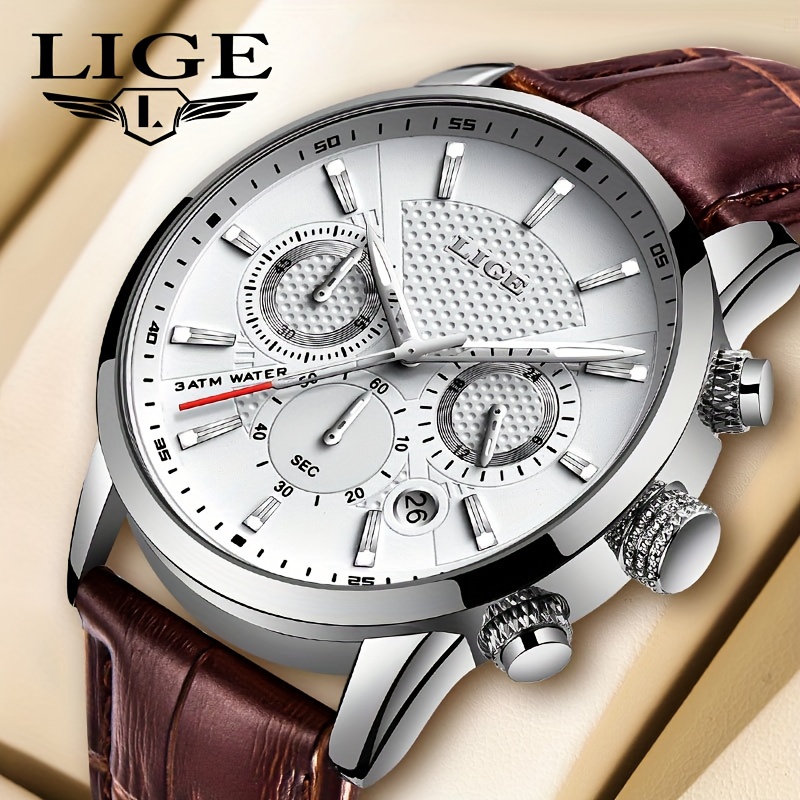 

Lige Fashion Watch Men's Top Brand Luxury Quartz Watch Leather Strap 30m Waterproof Business Casual Leather Watch Clock