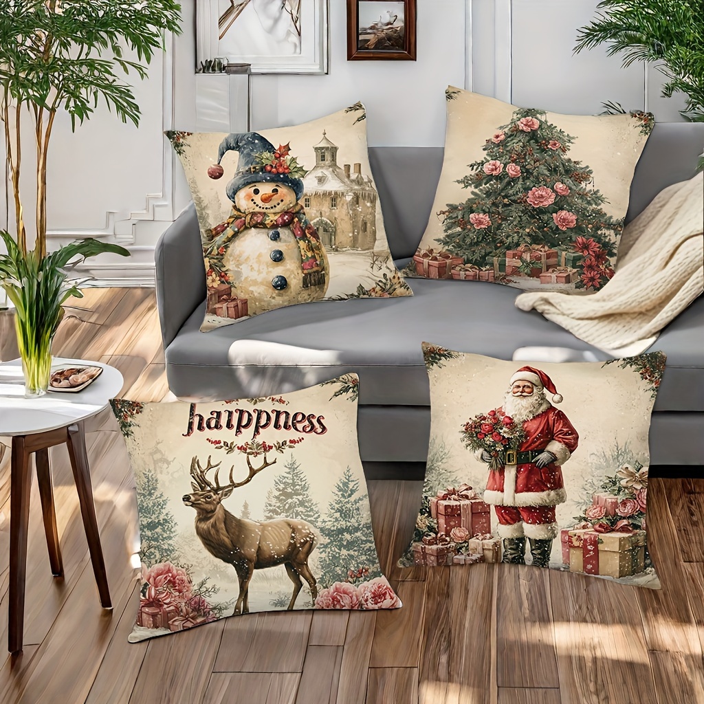 

4pcs Christmas Set, 17.2"x17.2" Santa & Snowman , Zippered For Sofa Decor, Washable