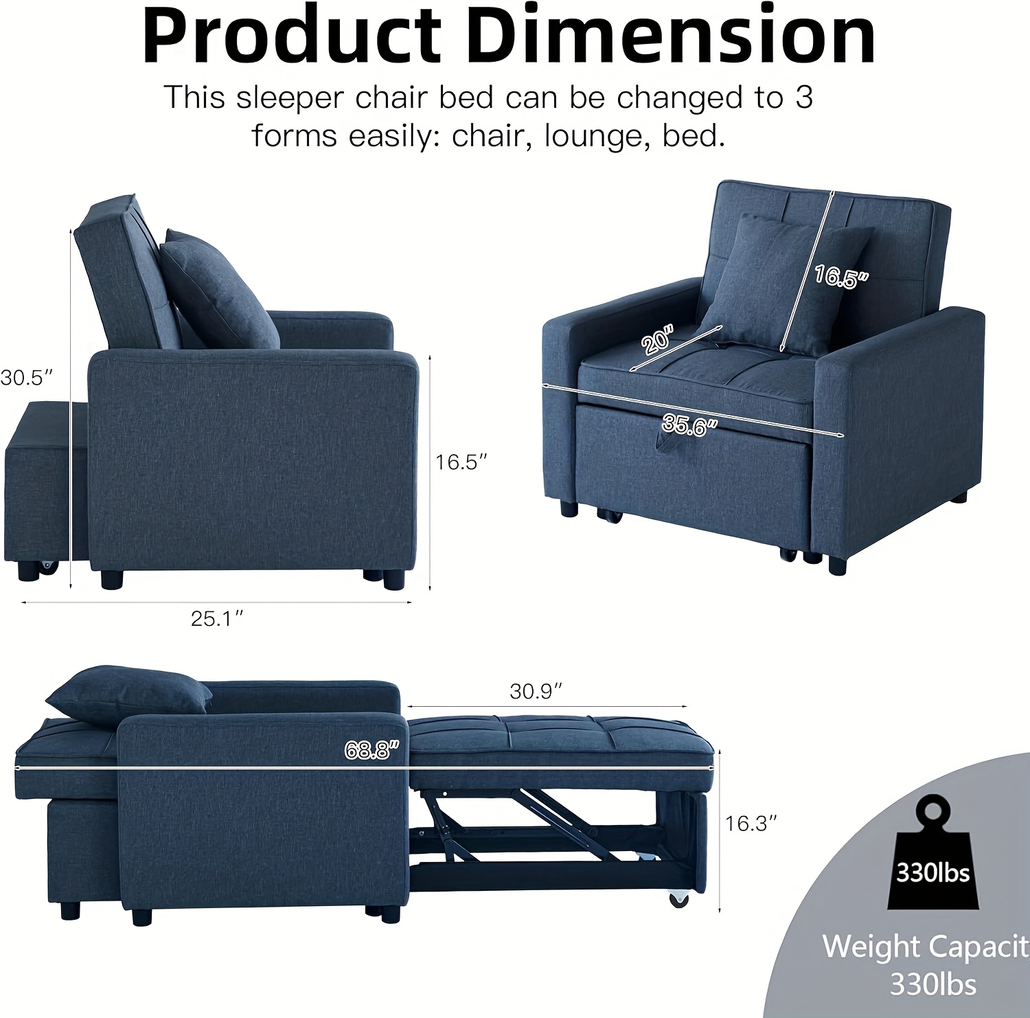 convertible sofa bed chair with pull out sleeper 3 in 1 reclining futon couch with storage pocket space saving design blue modern sleeper sofa with soft cushions sturdy   wood frame manual operation for small apartments dorms   ideal for guest rooms home offices plush cushioned seating velvet upholstery compact 2 seater sofa contemporary design sectional sofa for living room couche and sofa sofa and couche small sofa for small   bed Product details 8