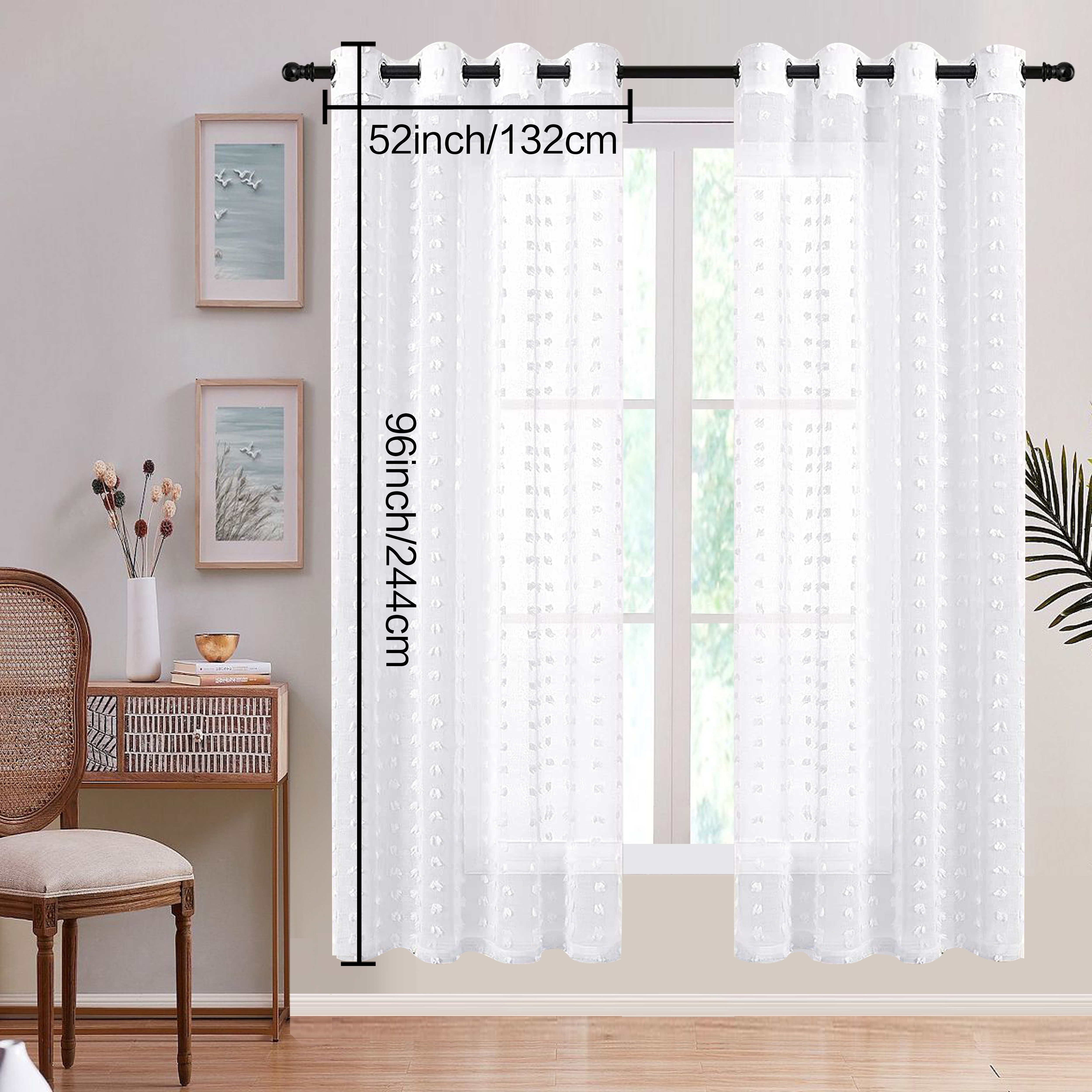 Image of 2 Panels/set White Grommet Top Semi- 84 Inch Length Polka Dot 3d Pom Pom Tufted Sheer Curtain, For Bedroom, Living Room, Kitchen Curtains, Add A To