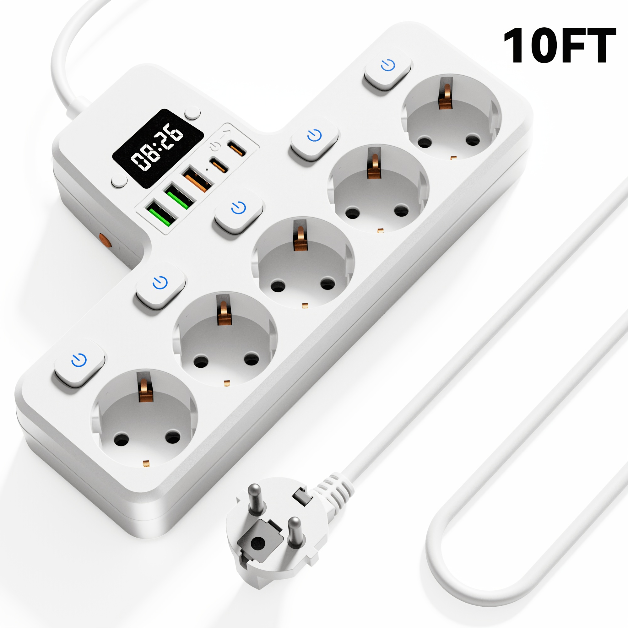 Image of Eu Power Strip With Extension Cord, 5 Ac Outlets, 3 Usb & 2 Type-c Ports, Digital Clock Display, Black & White Optional, Multi-socket For Home, Office, School & Travel