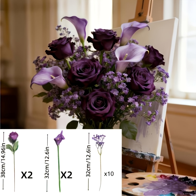 TEMU 14pcs = 2pcs 2pcs Purple Rose And 10pcs Purple 's Breath Artificial Fake Flower Bouquet, Wedding Bouquet/gift For Bride | Wedding/valentine's