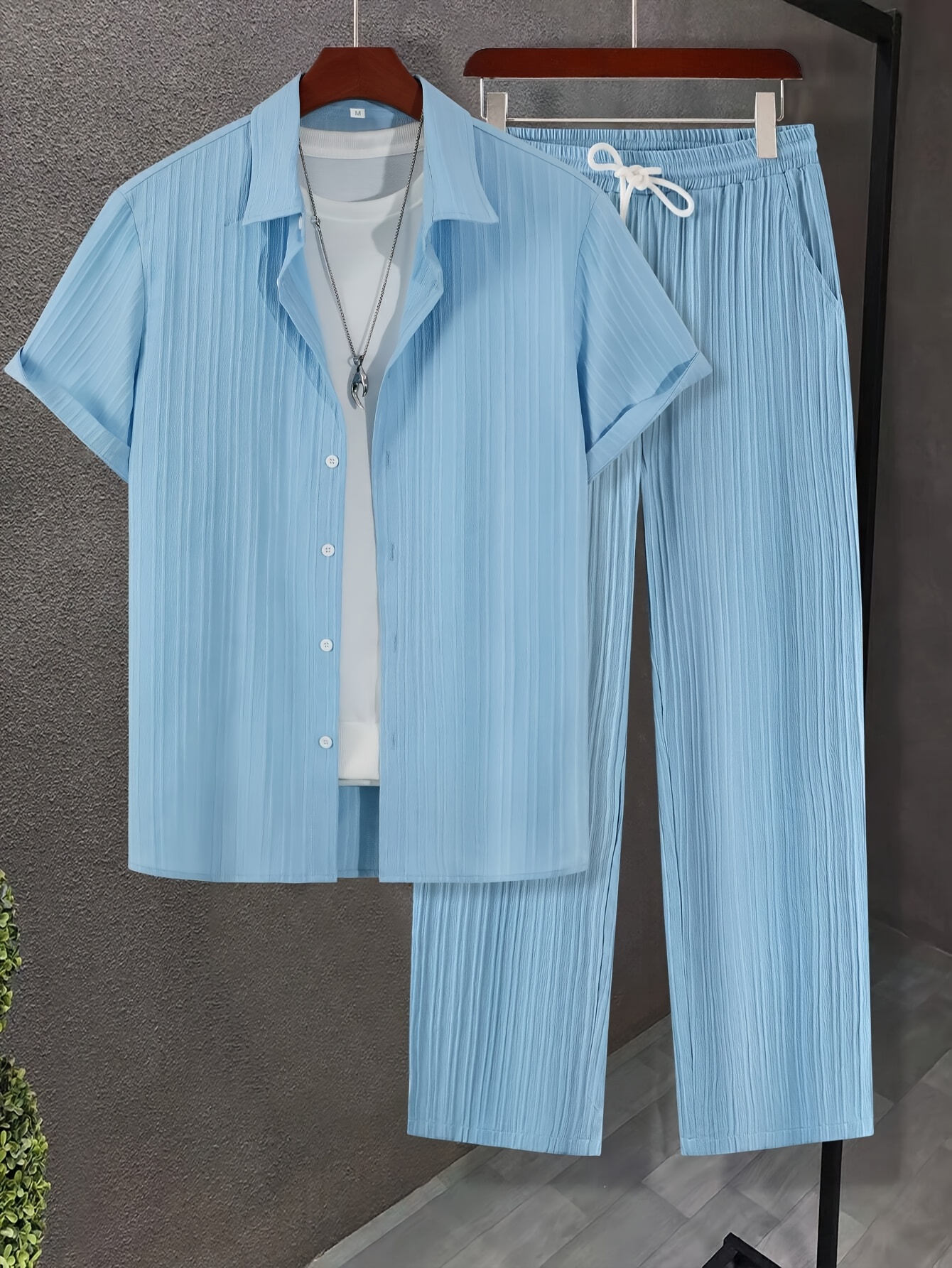 Men's Striped Casual Short-Sleeve Shirt + Casual Drawstring Lined Long Pants 2pcs Set with Elastic Waistband for Holiday Leisure Outings