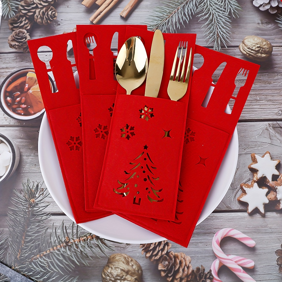TEMU 4pcs/12pcs Christmas Table Felt Knife And Fork Bag, Christmas Party Tableware Set, Christmas Table Decorations