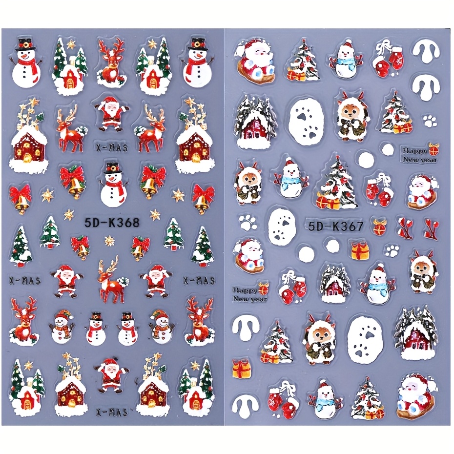 Image of 2pcs Embossed Santa Claus Snowman Nail Art Stickers 5d Christmas Tree Elk Jingling Bell Decals Reindeer Self-adhesive Manicure Tech Supplies