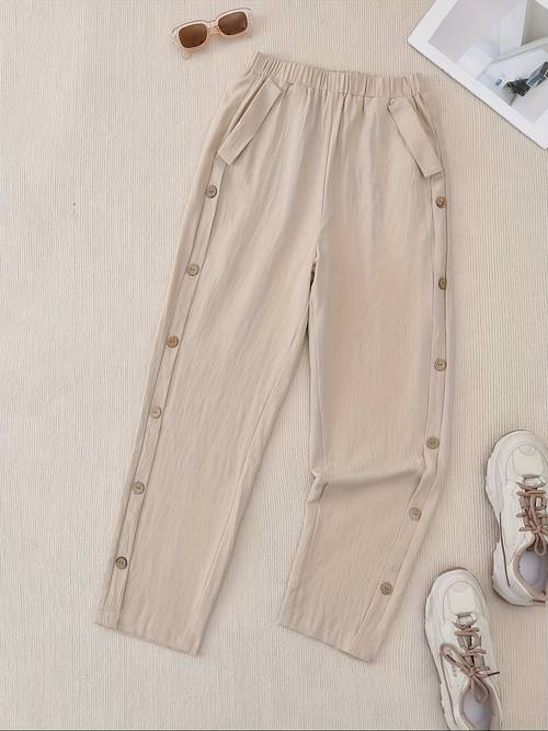 item picture plus size solid color straight button pants solid color casual trousers with button closure machine washable non stretch fabric straight pants for semi formal casual attire solid color