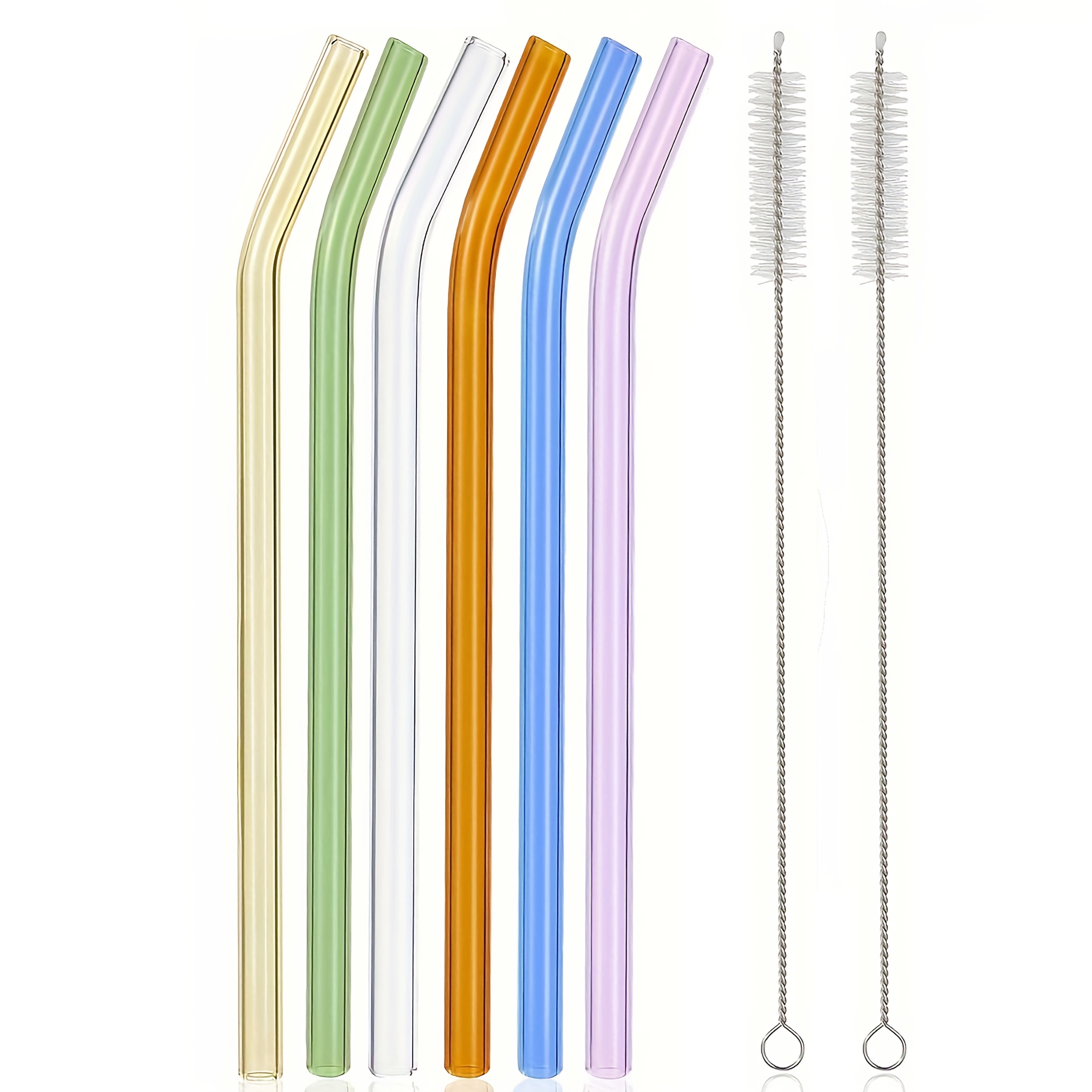 6pcs Reusable Colorful Glass Straws With 2 Cleaning Brushes, 8" X 8mm Colorful Glass Straws For Restaurant, Picnic, Camping, Sports, Smoothie, Shake, Tea, Juice, Kitchen Gifts