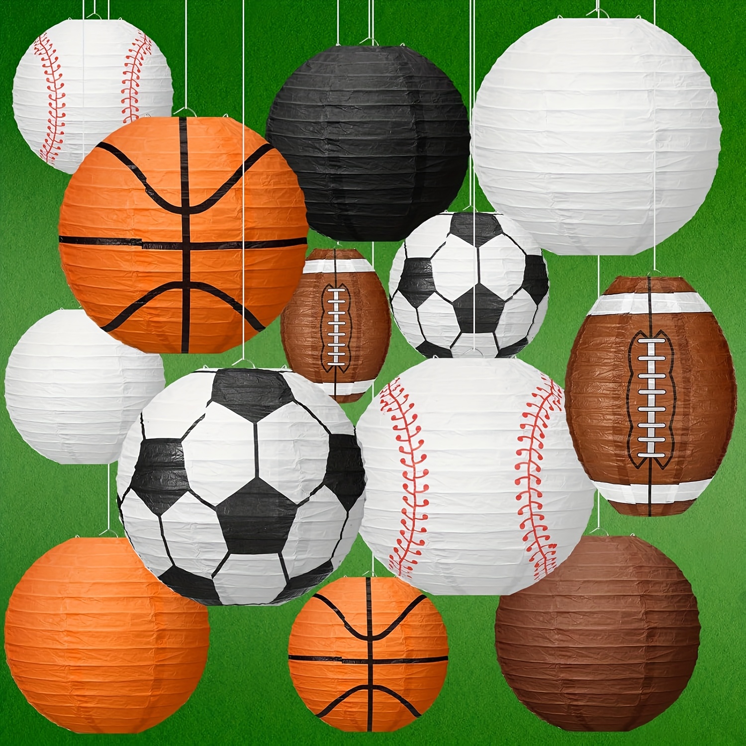 13-częściowy zestaw sportowych papierowych latarni - temat piłki nożnej, baseballu, koszykówki - dekoracje  owe do   wewnątrz   zewnątrz na urodziny, święta i wydarzenia sportowe, dekoracje sportowe | sportowy design | papierowe latarnie 0