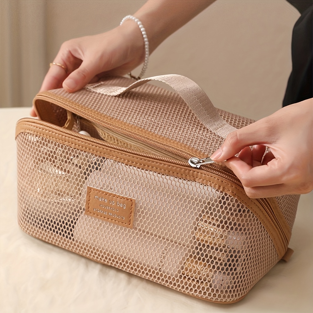 Stylish Mesh Cosmetic Bag Travel Breathable Handheld Beach Bag Large Capacity Portable Multi-functional Wash Bag High-end Beauty Tool Storage Bag