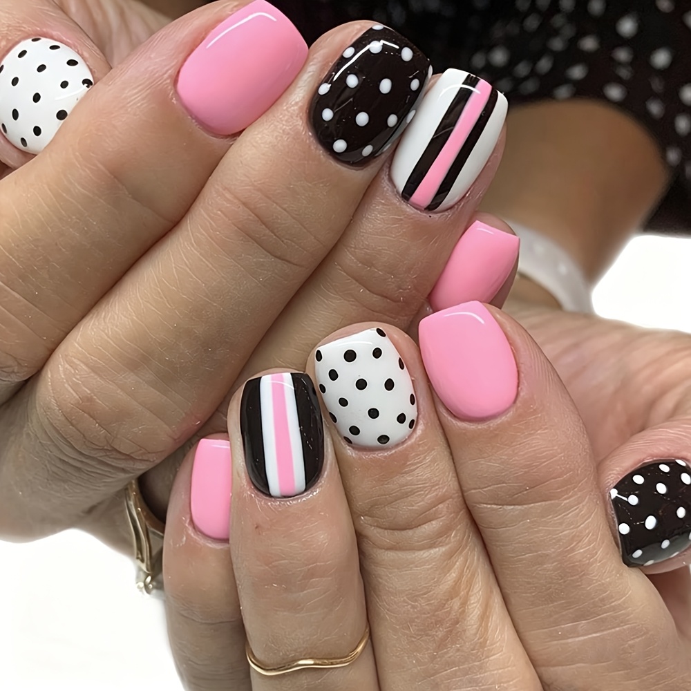 TEMU 24pcs Short Square Glossy -on Nails Black White Polka Dot Vertical Stripe Mix Reusable Fake Nails For Wear