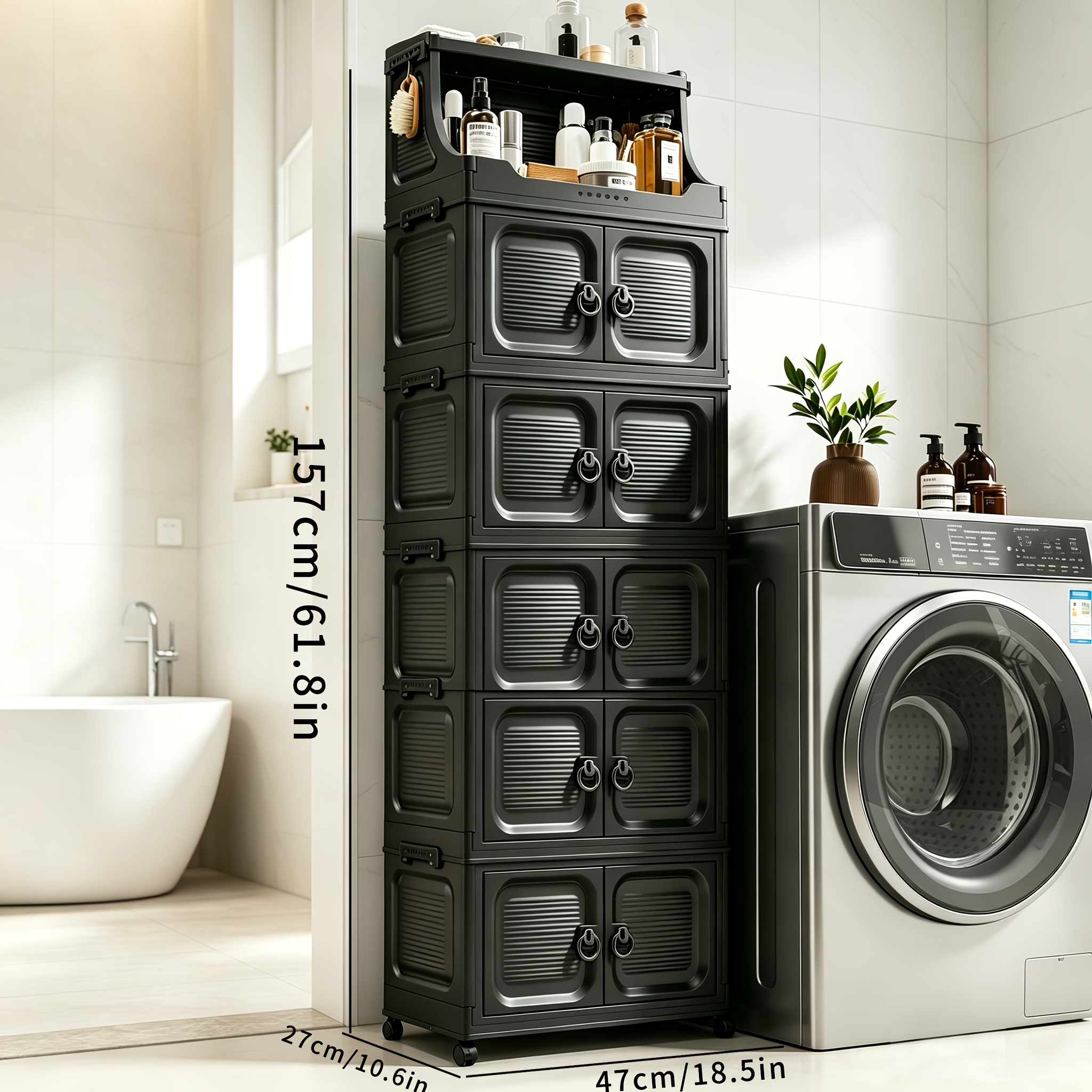 TEMU Étagères de Salle de Bain Empilables à 3/4/5/6 Niveaux avec Poignée, Étagère de Salle de Bain, Armoire en Plastique Mobile et Pliable