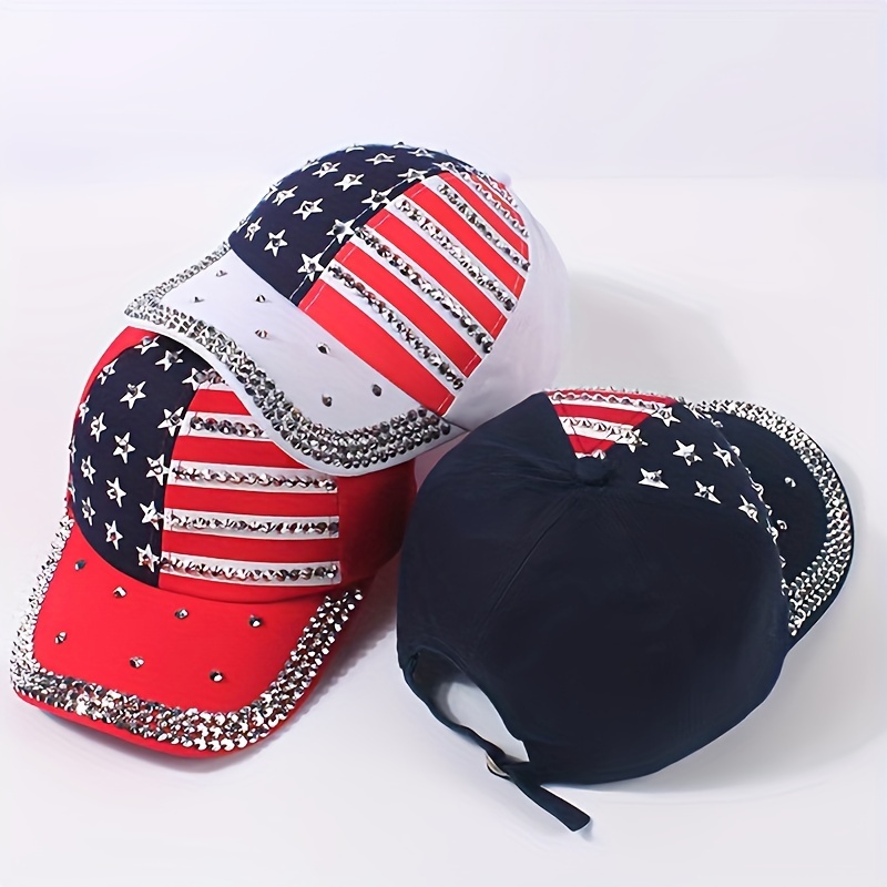 

2 Pcs Rhinestone Star & Stripe Patriotic Baseball Cap, Fashion Sun Protection Summer Street Style Fashion Trucker Cap