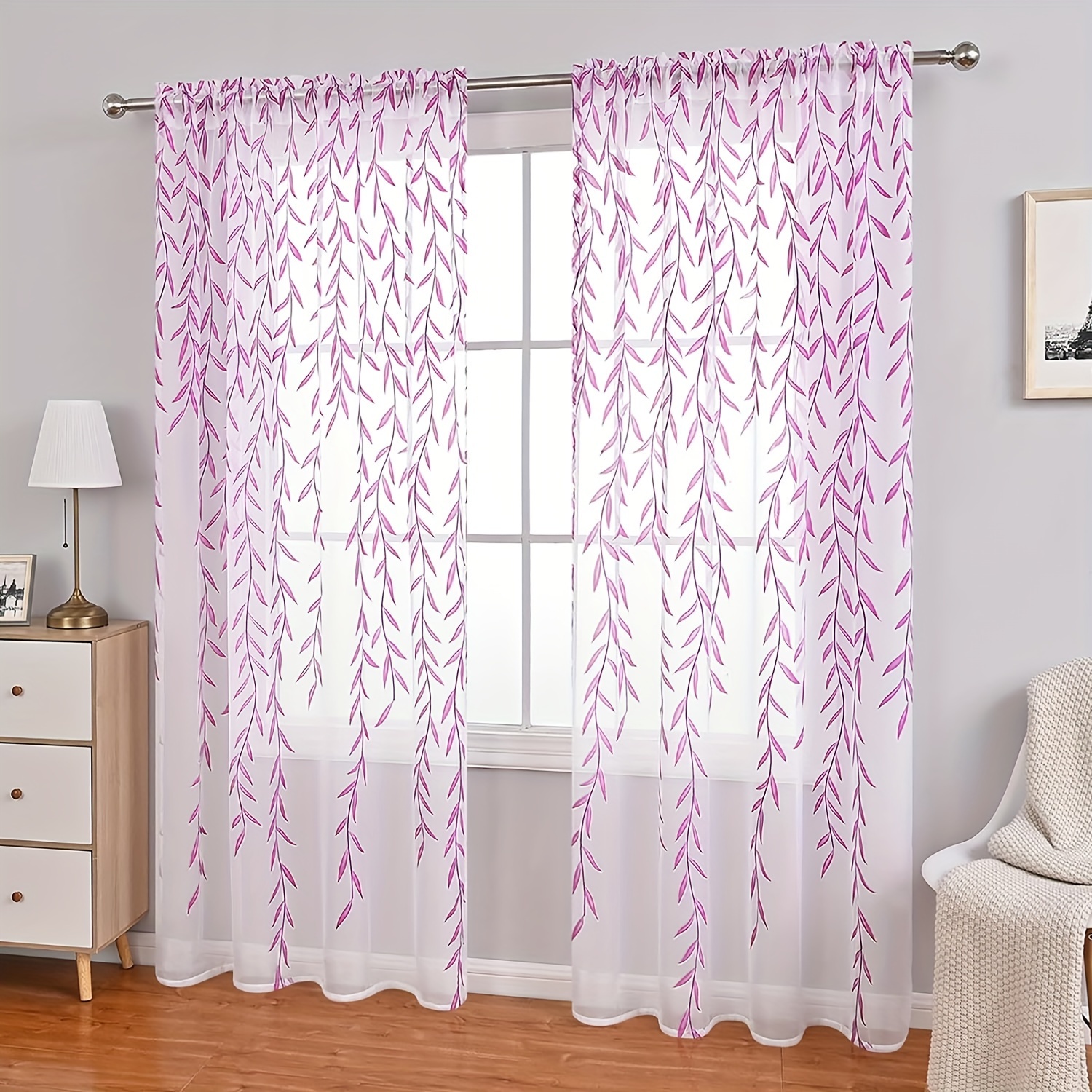 

2 Pieces Willow Leaf Window Curtain Voile Tulle Room Leaf Sheer Vine Curtain Voile Panel Drapes Curtain White Sheer Purple Leaf Curtain For Living Room, Bedroom, Balcony