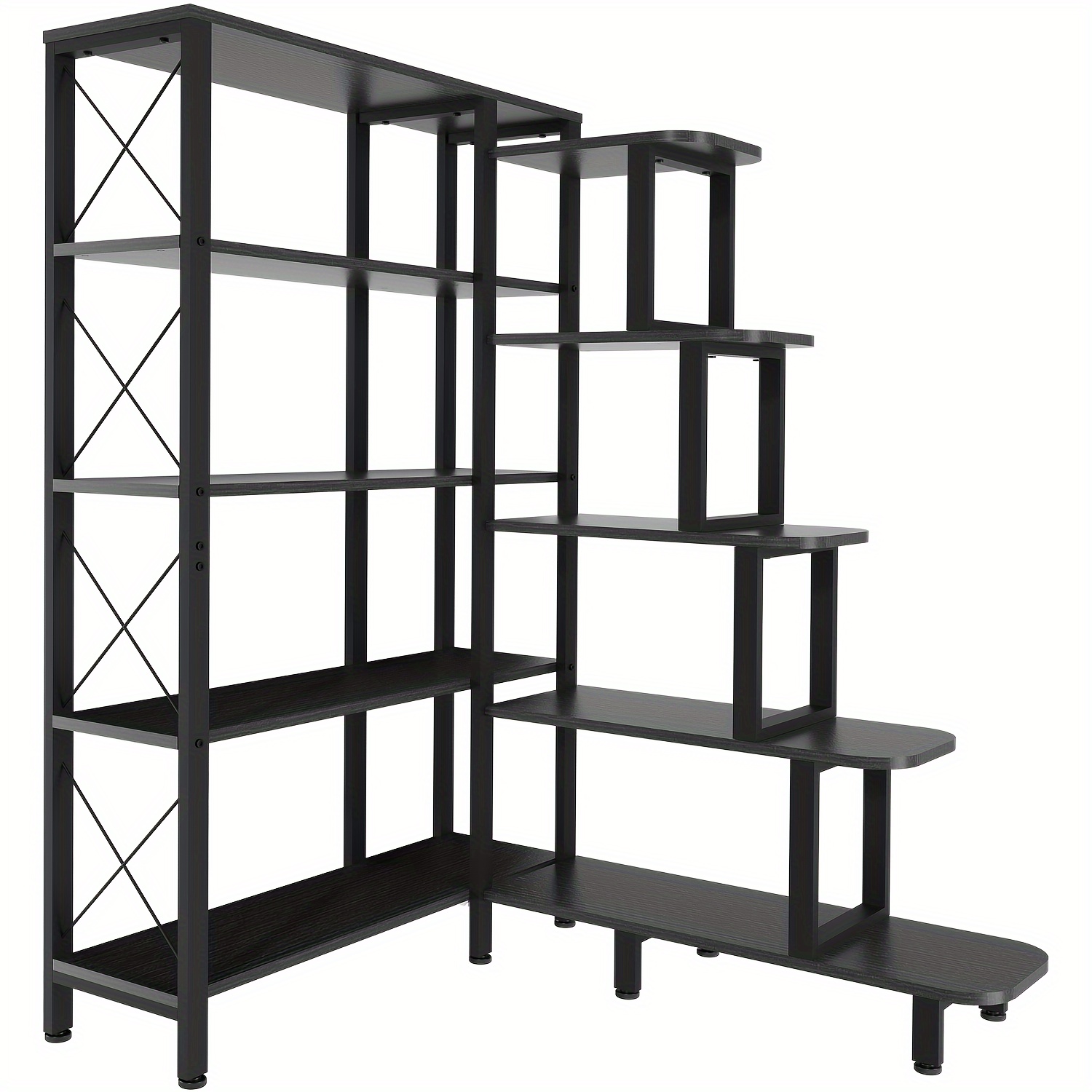 

Corner Bookshelf Bookcase, Large Reversible 5 Tier Ladder Shelves Storage Display Rack With Metal Frame, Industrial Home Office Furniture For Living Room Bedroom, Black Christmas Gift