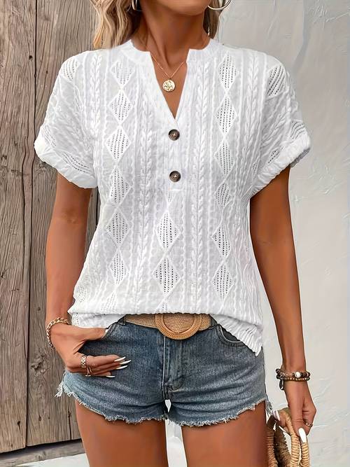 fashionable and elegant casual spring summer new arrival solid color textured fabric comfortable and breathable v neck batwing sleeve button short sleeve womens top shirt