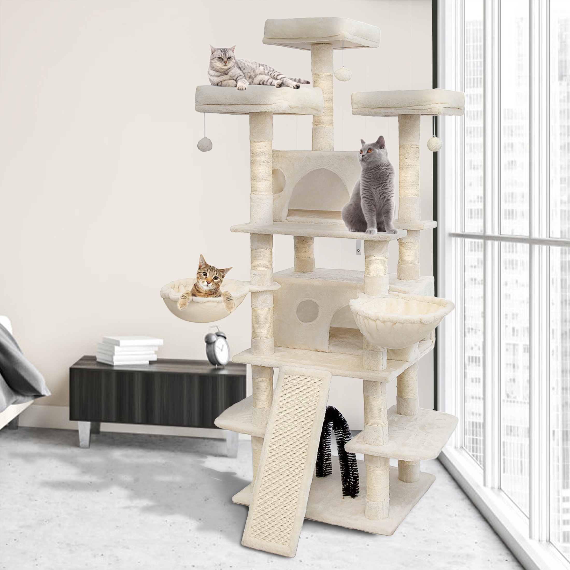 68 inches   level cat tree tall multi cats tower with 2 big cat condo cat hair brush large cat tree with 3 plush perches scratching posts for kittens smokey grey details 3