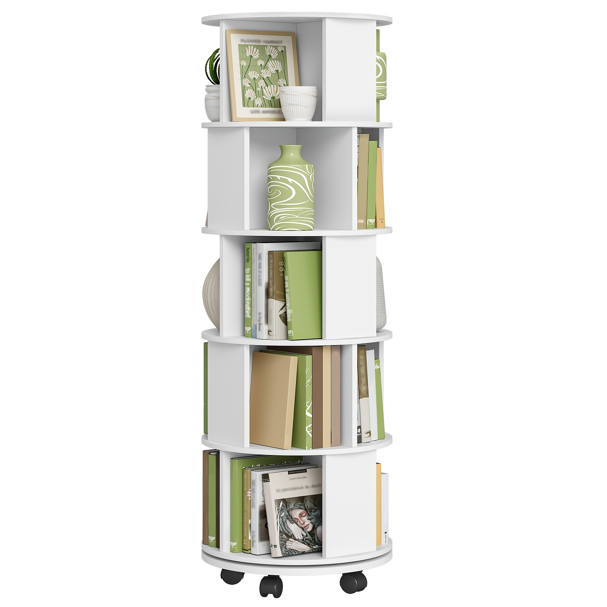 5-tier Rotating Bookcase | 360° Spinning Bookshelf With Fixed Casters, White, Artificial Board And Hardwood Material, Suitable For Living Room, Study, Office
