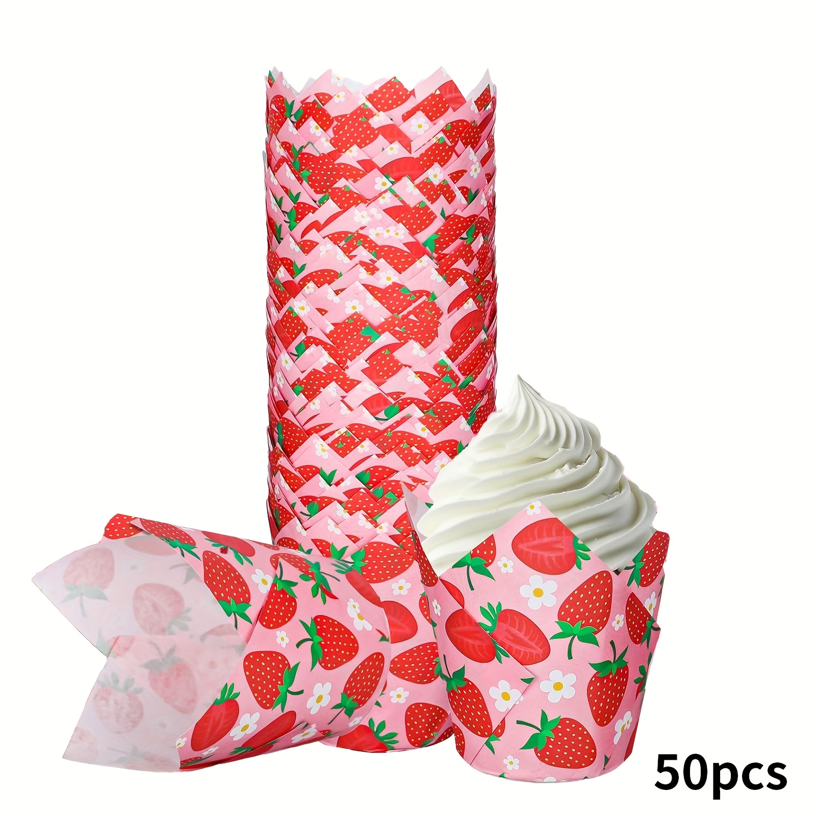 Image of 50/100pcs Tulip Cake Cups 8*5cm, Strawberry Pattern, Baking Supplies, Suitable For Easter, 's Day, Valentine's Day, Eid, Mother's Day, And Holidays