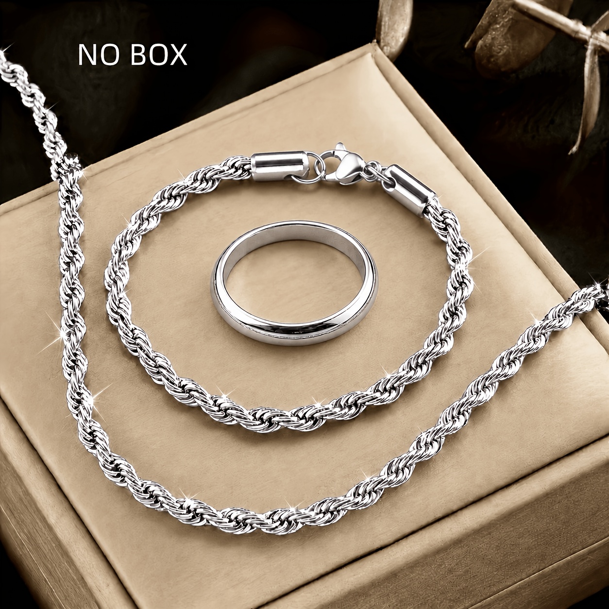 TEMU 3pcs 304 304 304 Stainless Steel Twist Necklace Bracelet Set And 304 304 Stainless Steel Ring New Combination - Premium Niche Trendy Jewelry Set