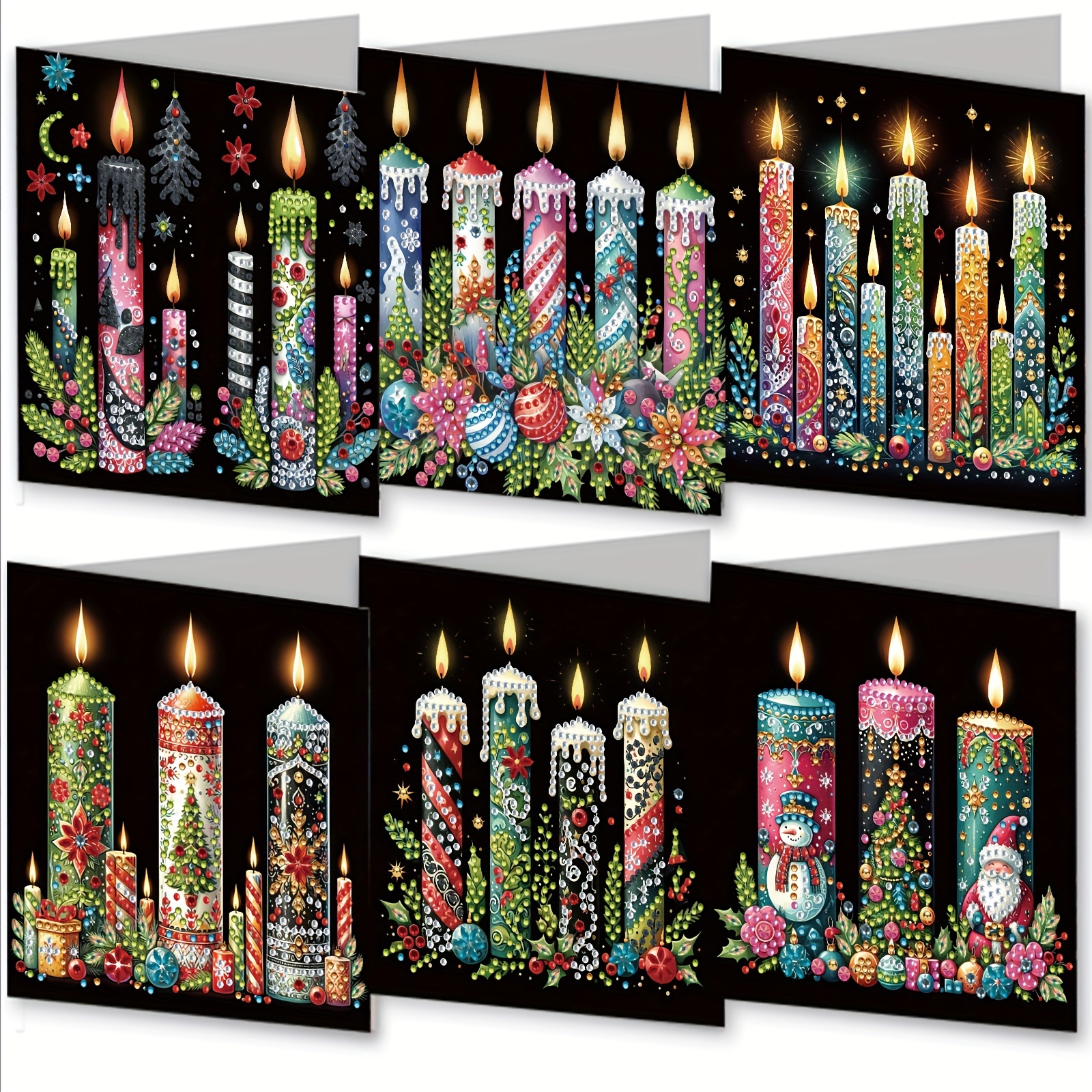 TEMU Set Of 6pcs Diamond Painting Greeting Card Set, Handmade Holiday Cards With Envelopes Diy Craft, Christmas Candle Series For Birthdays And